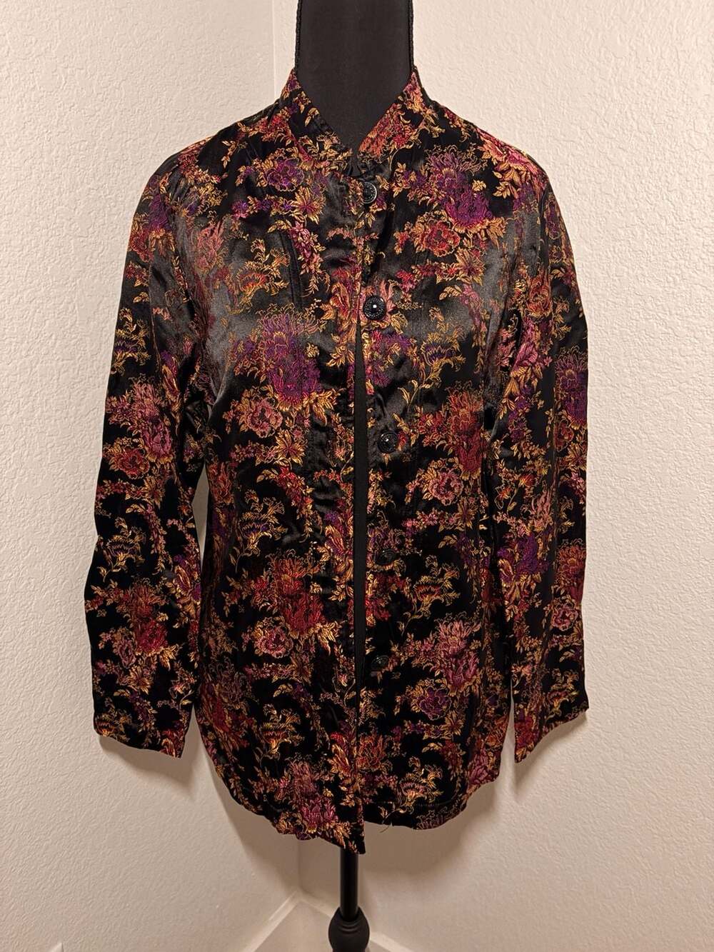 AKS Amy K S USA Black Floral Brocade Asian Style Jacket